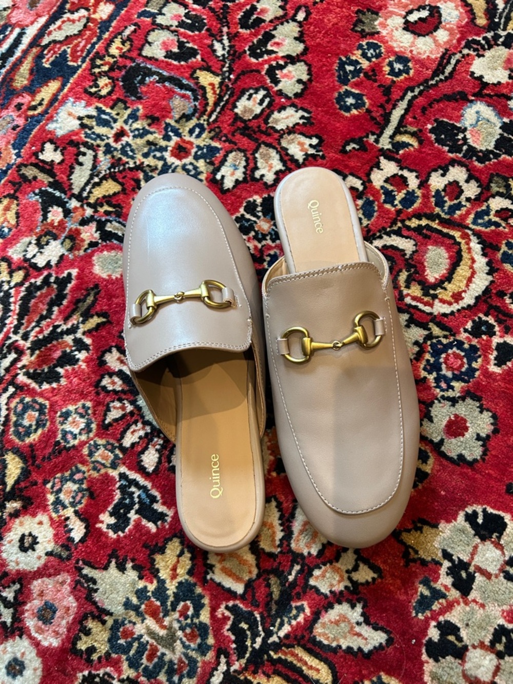 Quince Beige Leather Mule Slides with Gold Horsebit